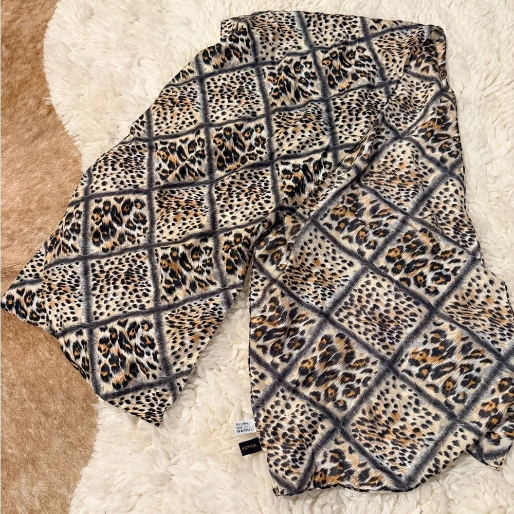 Korean Silk Leopard Print Women's Scarf - Tan Black Cream